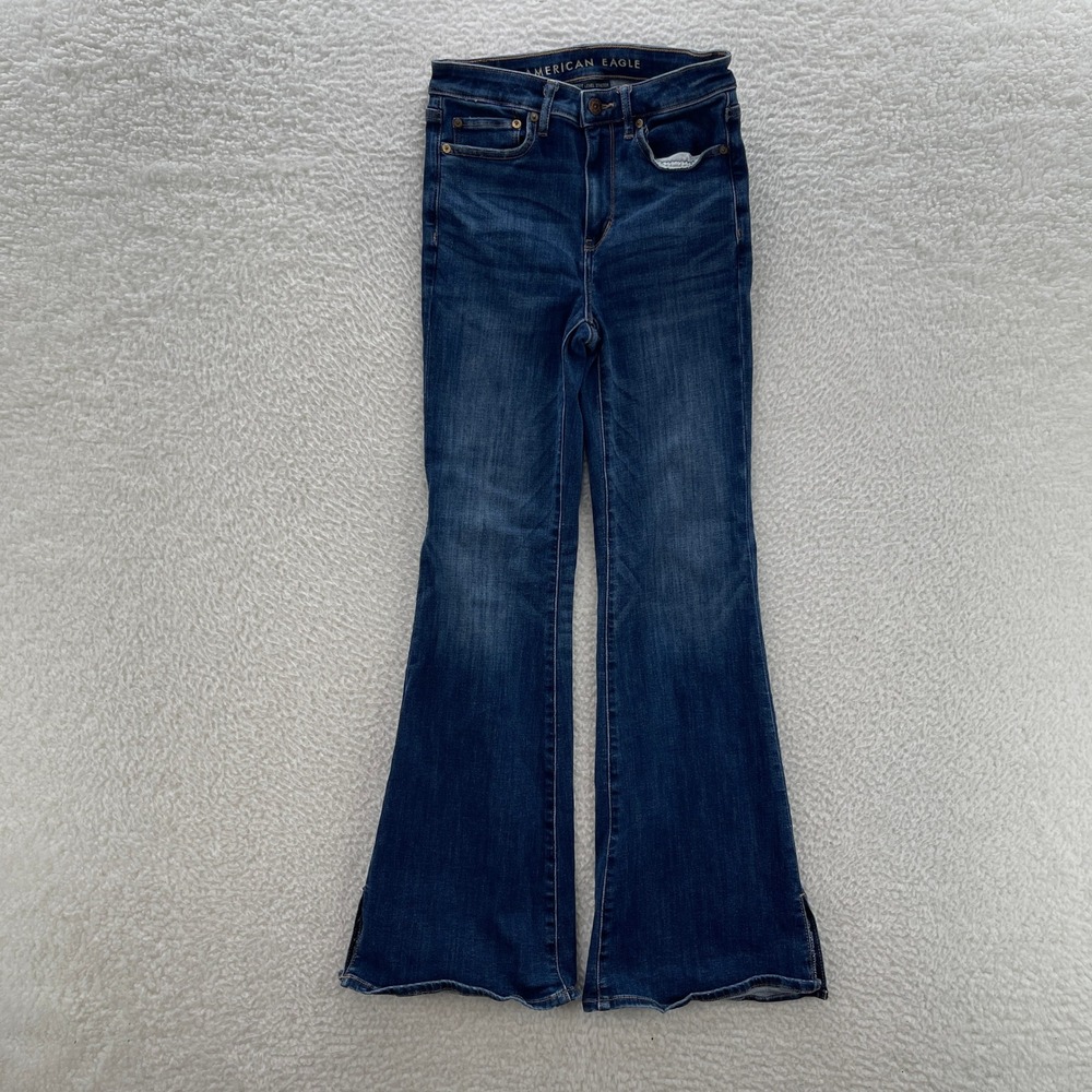 American Eagle Jeans Women 4 Blue Super Hi-Rise Flare Stretch Boho Grunge